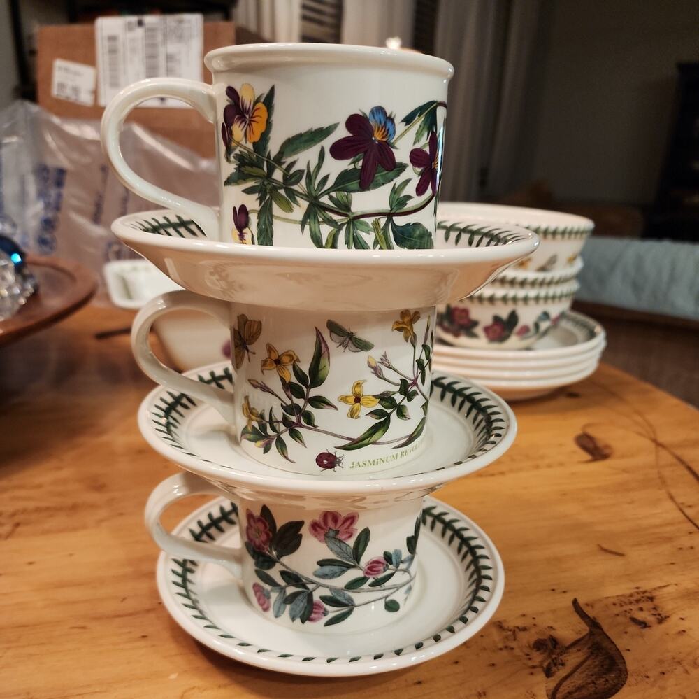 Portmeirion Botanic Garden Drum Flat Cups & Saucers Heartsease, Y.Jasmine, Rhodo